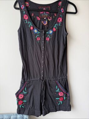 Johnny Was Black Embroidered Tank Romper with Floral Accents